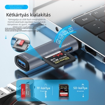 USB 3.0/2.0 4-in-1 kártyaolvasó SD/TF-hez - külső alumíniumötvözet test, Windows 7 kompatibil