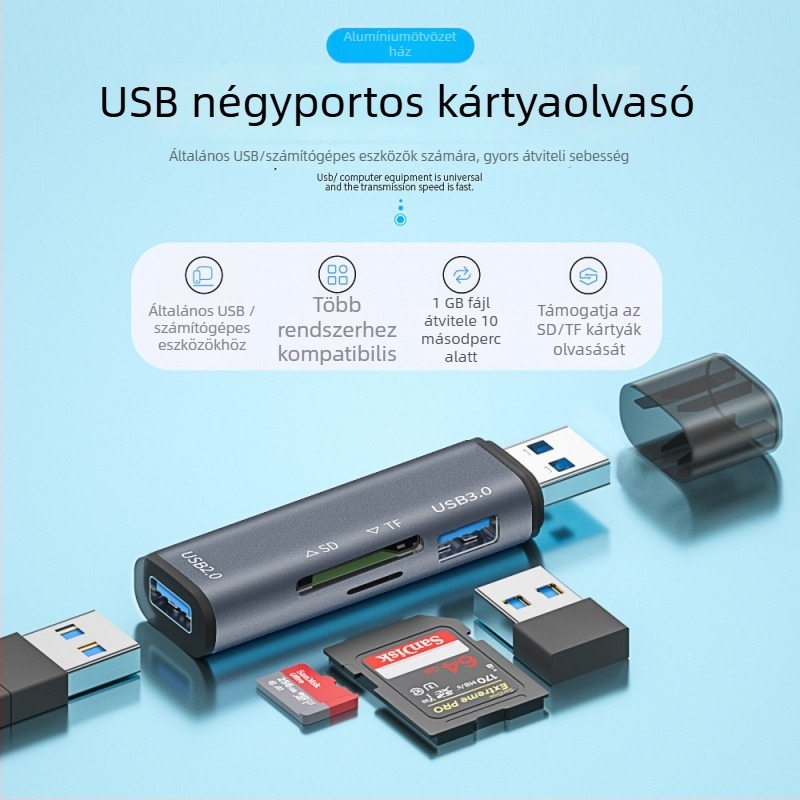 USB 3.0/2.0 4-in-1 kártyaolvasó SD/TF-hez - külső alumíniumötvözet test, Windows 7 kompatibil