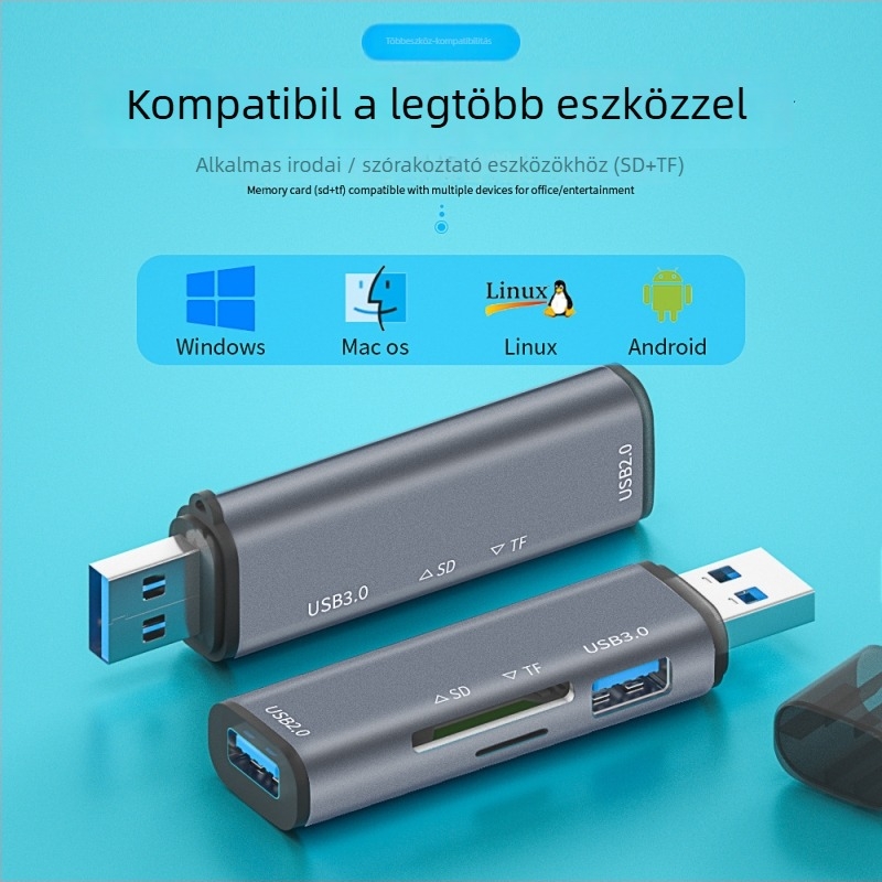 USB 3.0/2.0 4-in-1 kártyaolvasó SD/TF-hez - külső alumíniumötvözet test, Windows 7 kompatibil