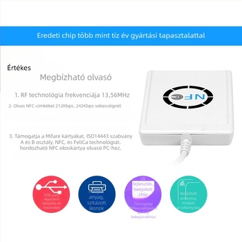 NFC-122U Hozzáférés-ellenőrző kártyaolvasó 13,56 MHz, IC/NTAG kompatibilitás, Modell 122, érzékelési távolság 1–6 cm, olvasási idő 1