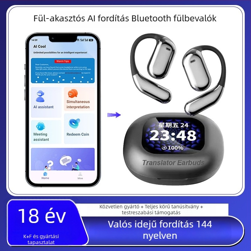 TWS Bluetooth fejhallgatóval valós idejű AI fordítással, fülhorgos kialakítás, Bluetooth 5.4, 4–8 óra akkumulátor-üzemidő, digitális kijelző