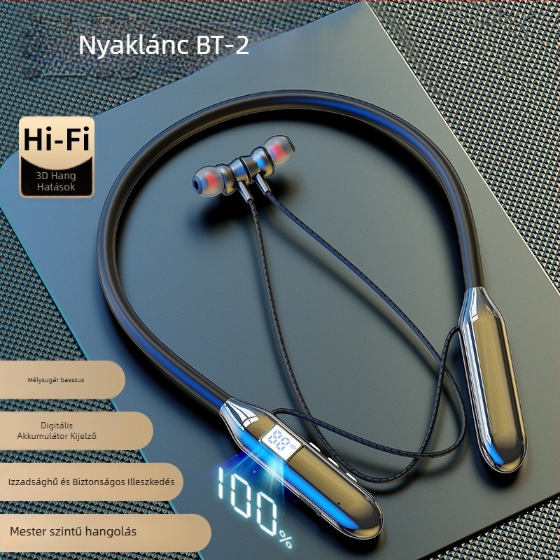 Zavaró zajcsökkentéses sportos kialakítású vezeték nélküli nyakpántos fejhallgató, Bluetooth 5.3, 15 m hatótávolság, 8 órán felüli akkumulátor-élettartam, digitális kijelző, vízálló