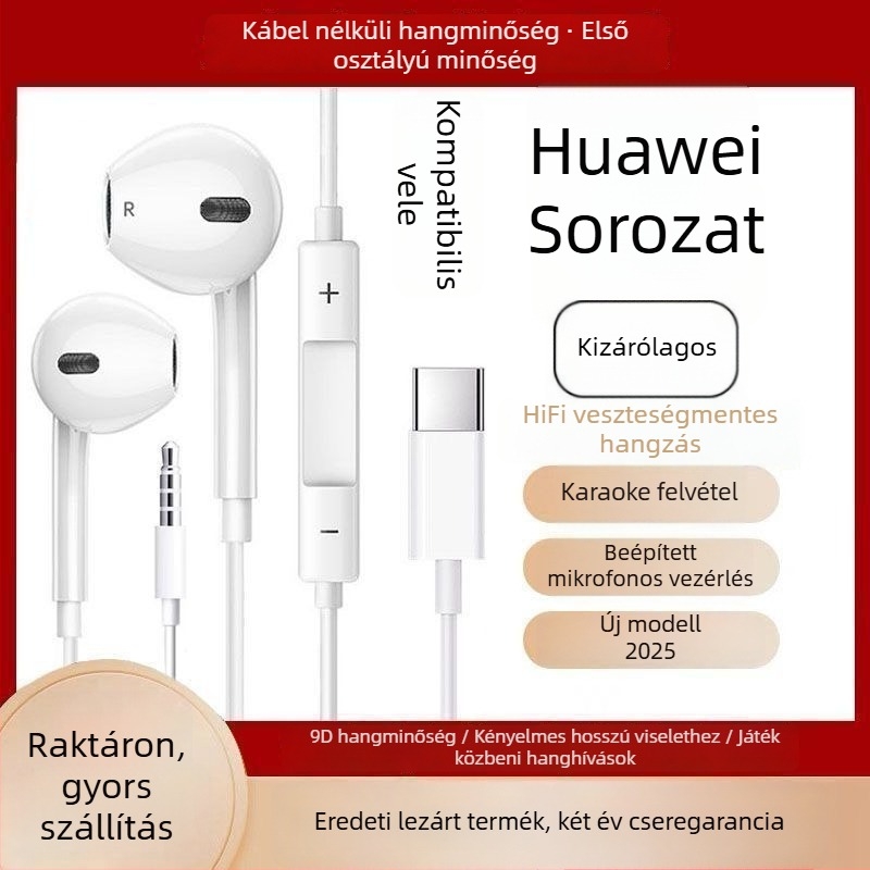 Huawei vezetékes in-ear fejhallgató, digitális Type-C/3,5 mm interfészzel, játékhoz és karaoke-hoz, minimalista stílus, testreszabás támogatott