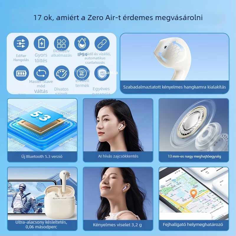 Edifier Flower Re-Zero Air valódi vezeték nélküli Bluetooth in-ear fülhallgatók, hatótáv 20 m, BT 4.0, üzemidő több mint 8 óra
