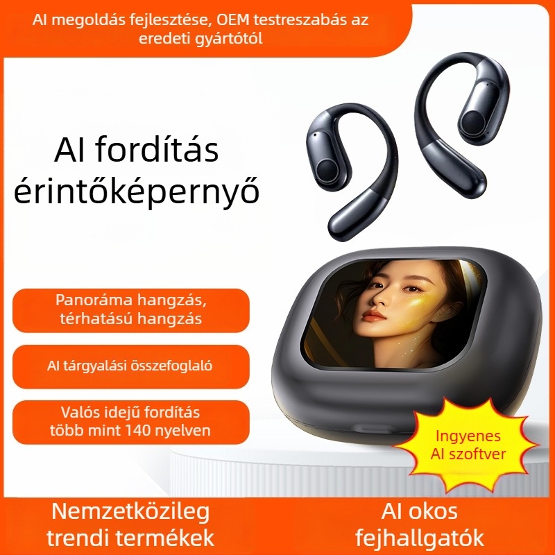 AI intelligens egyidejű fordítású Bluetooth headset fül-kötős kivitelben, felvétel és átirat, Android/iOS, Bluetooth 5.4, 400mAh, 45g, érintéses + gombos vezérlés, 2025 modell