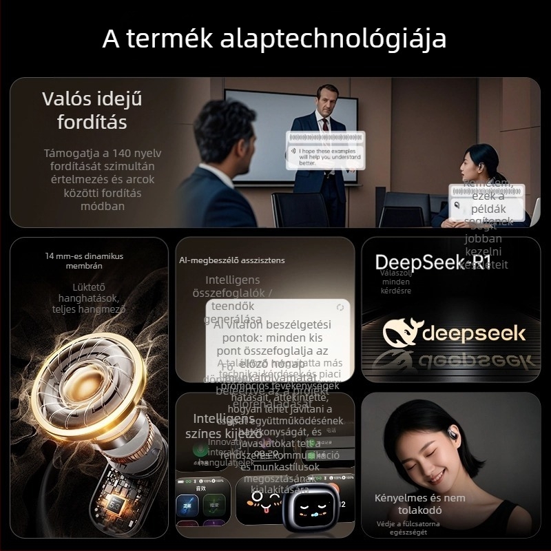 AI intelligens egyidejű fordítású Bluetooth headset fül-kötős kivitelben, felvétel és átirat, Android/iOS, Bluetooth 5.4, 400mAh, 45g, érintéses + gombos vezérlés, 2025 modell