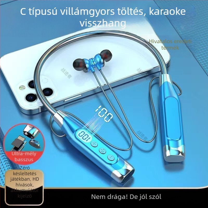 Nyakba akasztható vezeték nélküli Bluetooth fejhallgató, hosszú üzemidő, sportos sztereó fejhallgató, Bluetooth 5.0