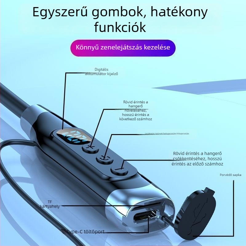 Nyakba akasztható vezeték nélküli Bluetooth fejhallgató, hosszú üzemidő, sportos sztereó fejhallgató, Bluetooth 5.0