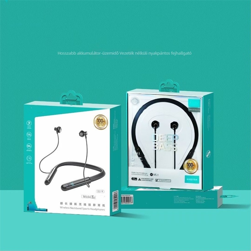 Nyakba akasztható vezeték nélküli Bluetooth headset 5.0, sztereó, 10 m hatótávolság, 8+ óra üzemidő