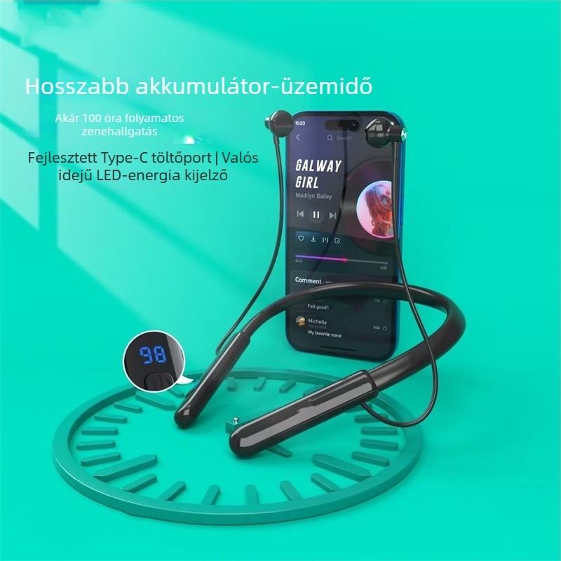 Nyakba akasztható vezeték nélküli Bluetooth headset 5.0, sztereó, 10 m hatótávolság, 8+ óra üzemidő