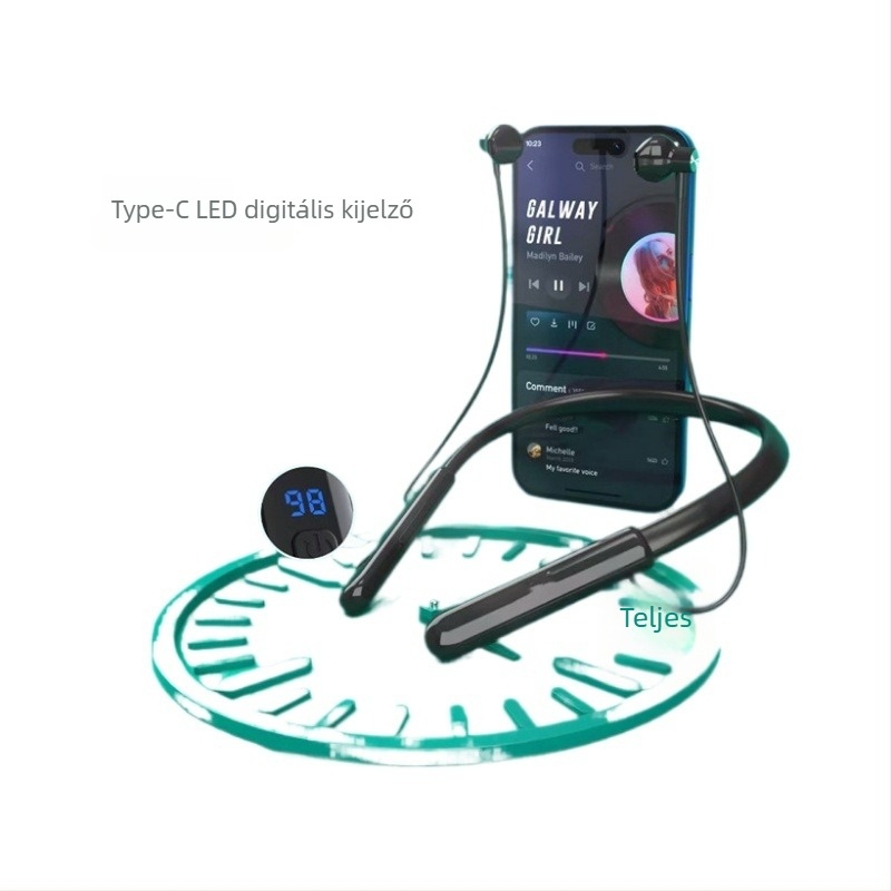 Nyakba akasztható vezeték nélküli Bluetooth headset 5.0, sztereó, 10 m hatótávolság, 8+ óra üzemidő
