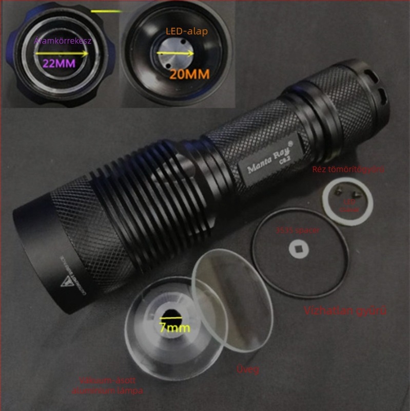 XHP35/50/70 LED zseblámpa ház DIY-hoz – Modell C8.2, Alumíniumötvözet, Burkolat, oxidált felület, Összeszereléshez, Kompatibilis 18650/26650