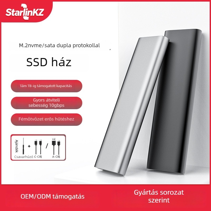M.2 NVMe NGFF USB-C külső SSD tok, támogatja NVMe és NGFF protokollokat, alumíniumötvözet, 8TB, USB 3.2 Gen2