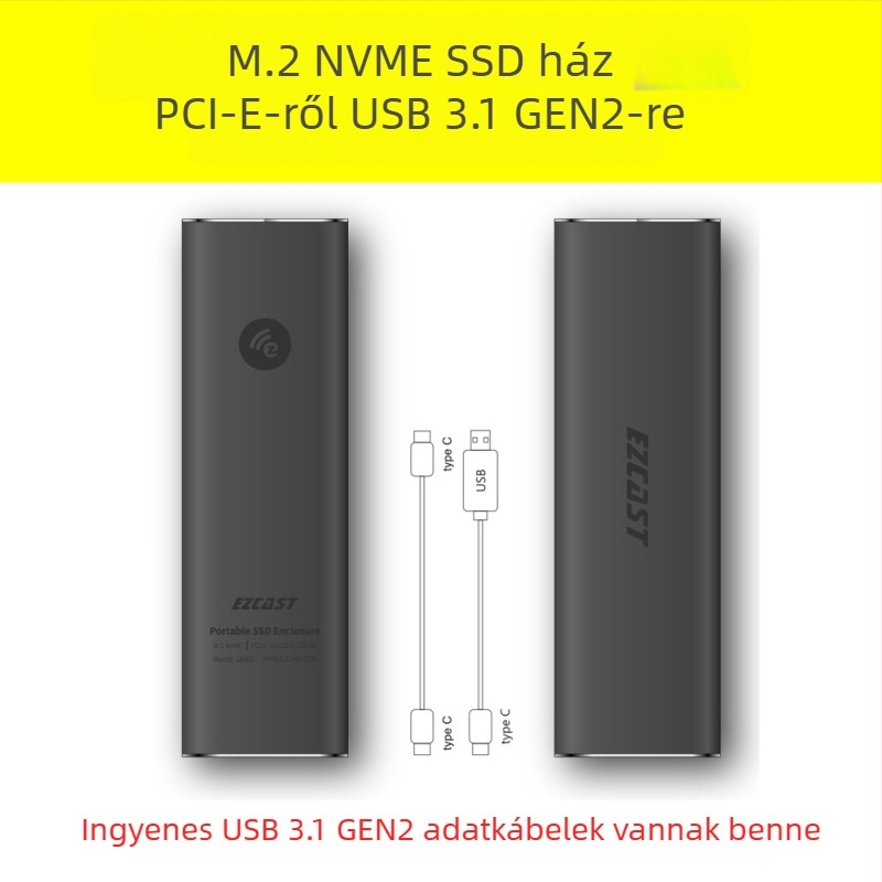 M.2 NVMe SSD ház USB 3.1 Gen2 Type-C PCIe, akár 2 TB-ig, 9 Gbps, alumínium ötvözet