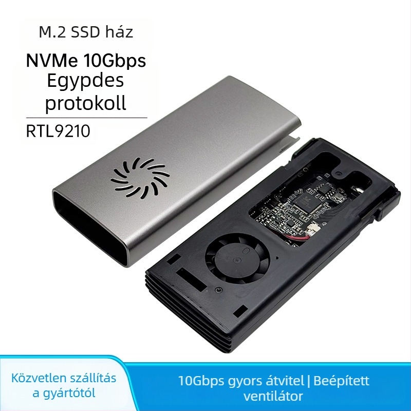 M.2 NVMe SSD ház USB-C-hez, alumínium-ABS ház, 2 TB-ig, 10 Gbps USB 3.1 Gen2, beépített hűtőventilátor