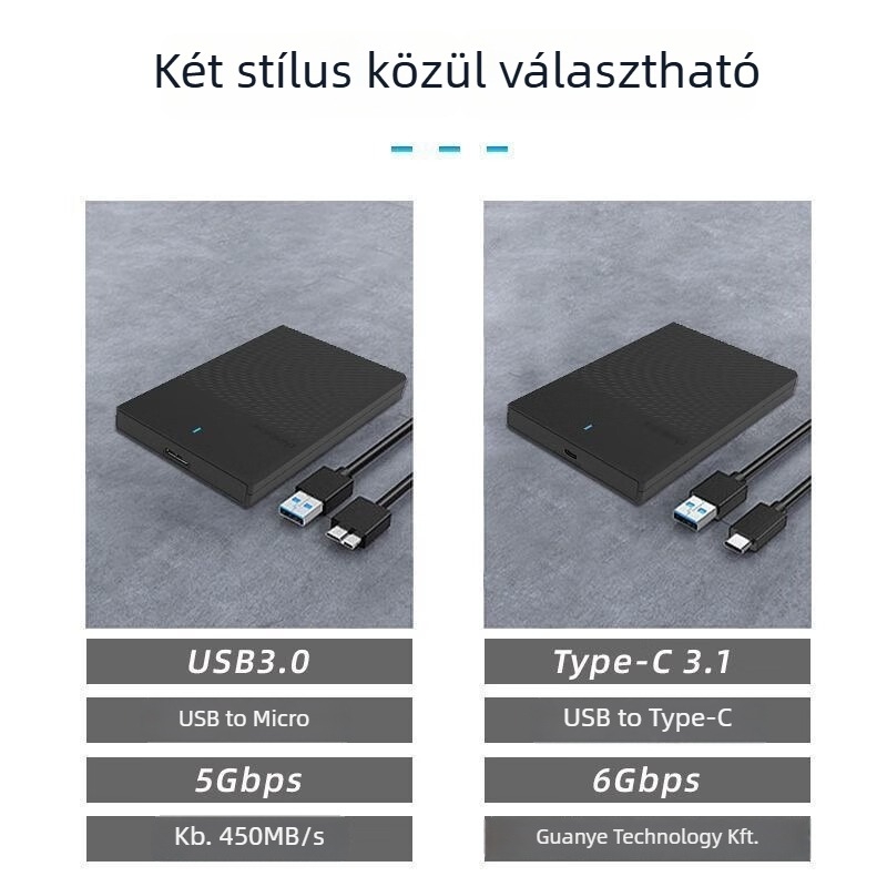 K01-A USB 3.0 SATA külső HDD-ház, ABS+PC, 129GB–4TB támogatás, átviteli sebesség 5 Gbps-ig, UASP-támogatás