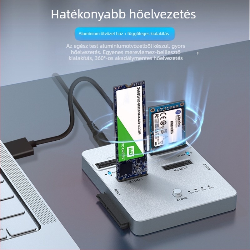 Kétrekeszes merevlemez-klónozó dokk, támogatja az mSATA/M.2/SATA, 6 Gbps, alumínium ötvözet, OEM