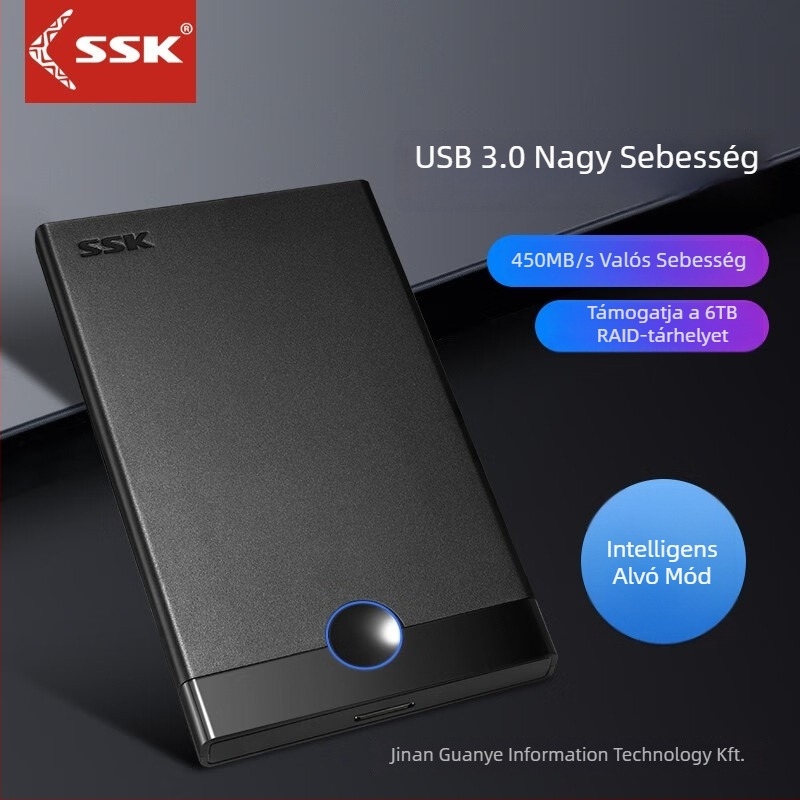 Külső USB 3.0 SATA merevlemez-ház, műanyag tokozás, támogatja akár 6 TB, sebesség 450 MB/s