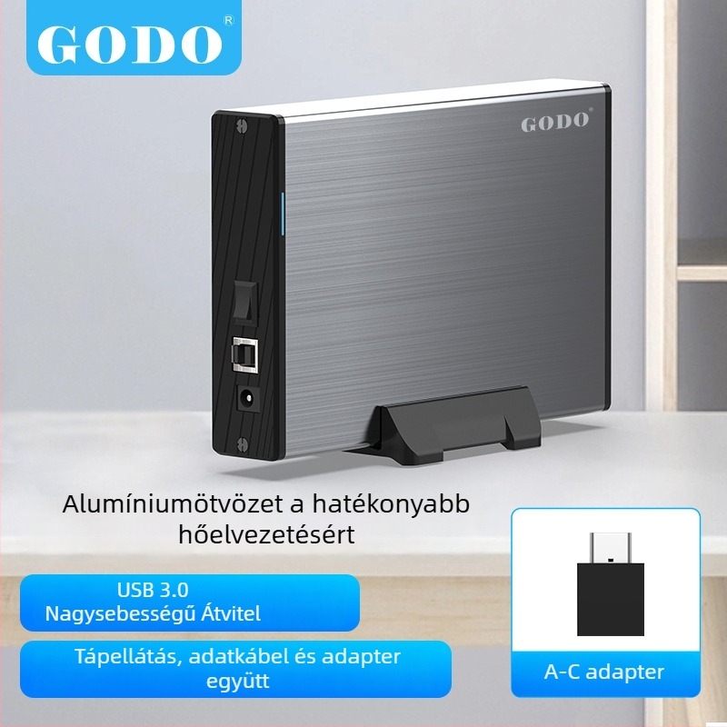 GODO USB 3.0 fém külső merevlemez tok, 3,5 hüvelyk, modell GD35612, OEM gyártás, kapacitás 16T