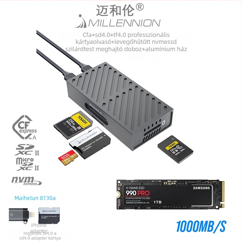 Maihelun 8130A 3-in-1 merevlemez-tok CF/SD olvasóval, USB 3.2 10Gbps, alumínium ház, légáramatos hűtés, 4TB támogatás