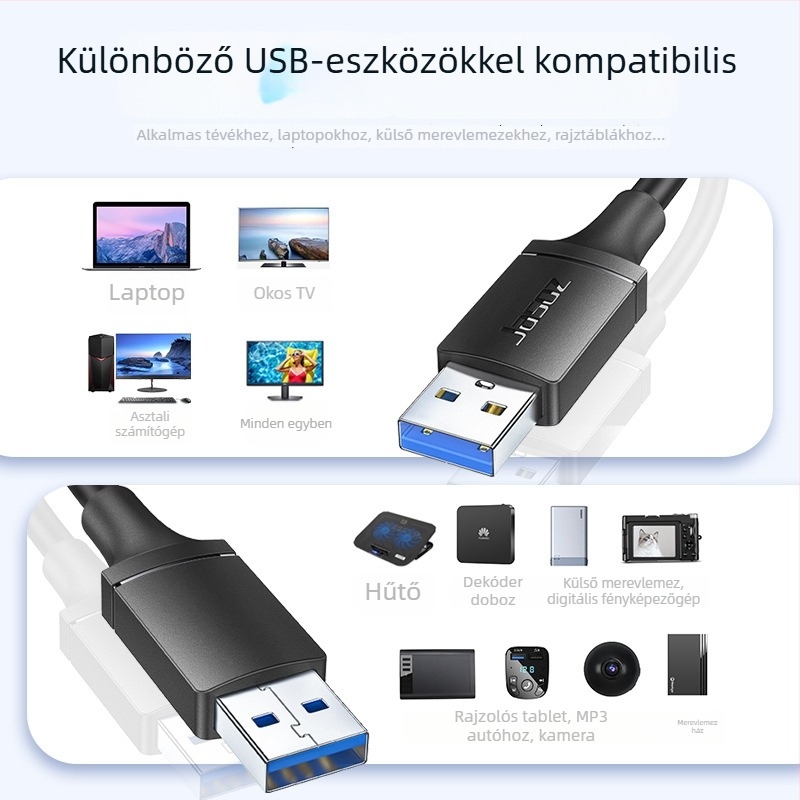 USB 3.0 adatkábel, férfi–férfi, USB A–A, hossz 0,5–3 m, ónnal bevont réz, nikkel bevonat, modellek T-D193–T-D197