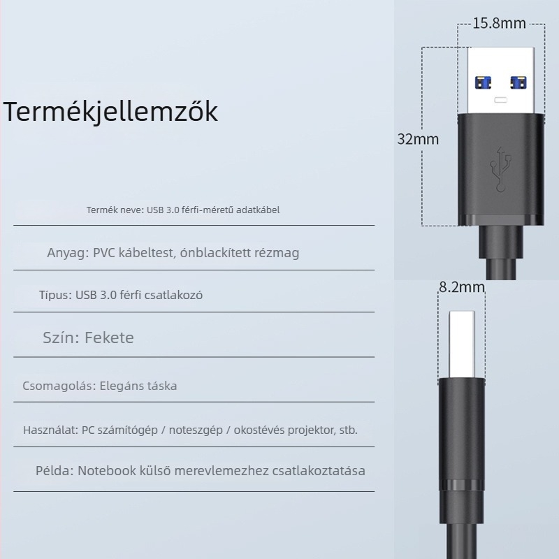 Yfd USB 3.0 A–A adatkábel, férfi–férfi, 0,6 m / 1,7 m / 3,5 m, ónnal bevont réz vezetők, injekciós öntvénycsatlakozók