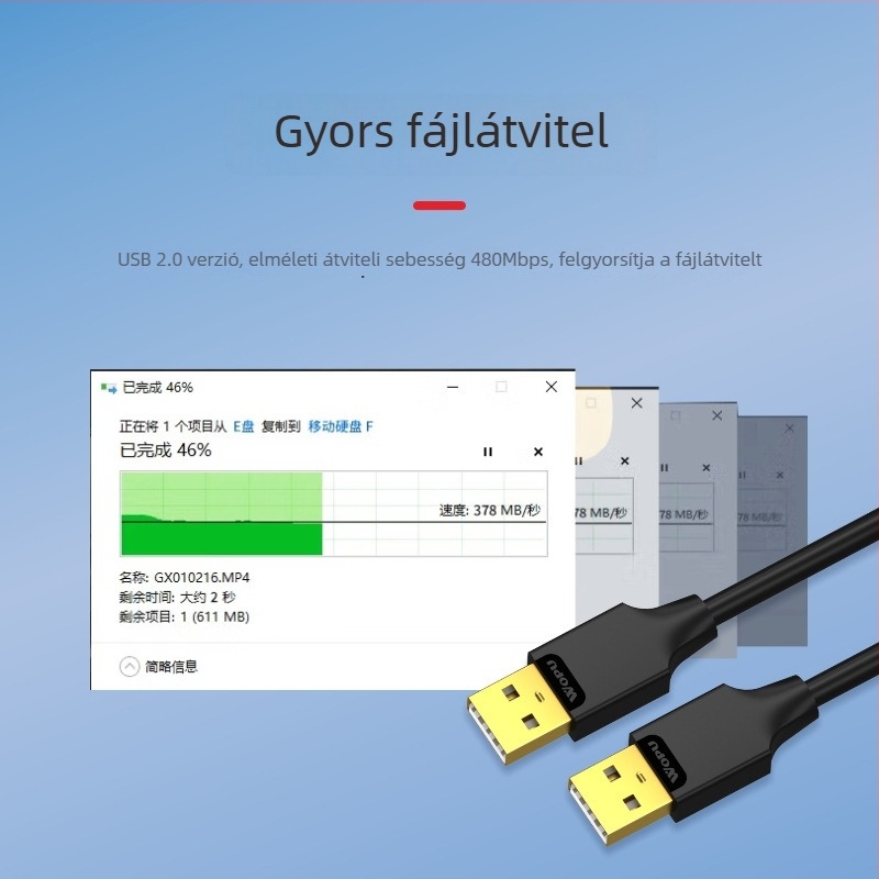 Voopu USB 2.0 M-M adatkábel számítógépekhez, külső HDD-khez és laptophűtőhöz – 1,5 m, USB A–A, fém fonat árnyékolás + alumínium fólia, aranyozott csatlakozók