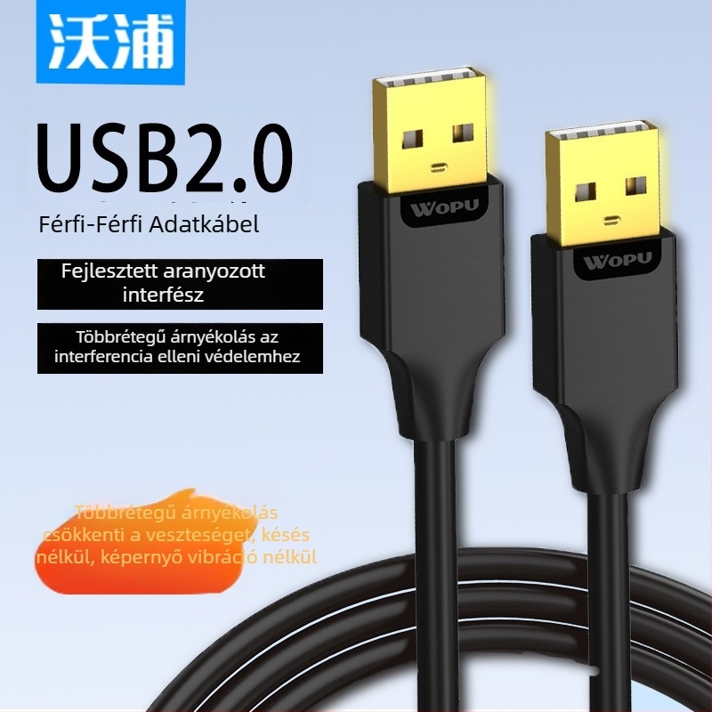 Voopu USB 2.0 M-M adatkábel számítógépekhez, külső HDD-khez és laptophűtőhöz – 1,5 m, USB A–A, fém fonat árnyékolás + alumínium fólia, aranyozott csatlakozók
