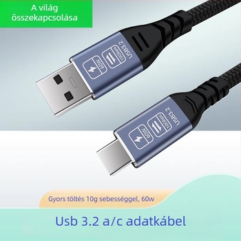 USB-C adatkábel 60W gyors töltéshez, 10G nagy sebességű adatátvitel, 20V/3A max, tiszta réz, alumínium ötvözet burkolat
