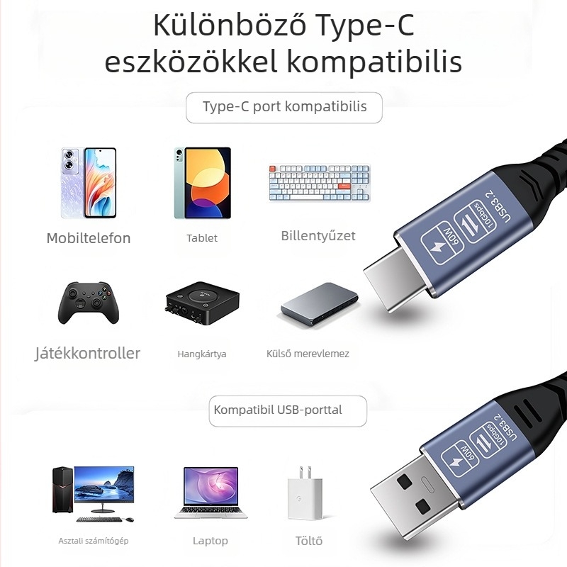 USB-C adatkábel 60W gyors töltéshez, 10G nagy sebességű adatátvitel, 20V/3A max, tiszta réz, alumínium ötvözet burkolat