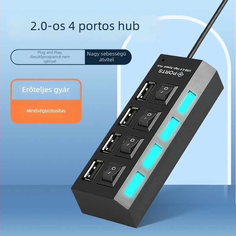 Yuxinrong USB 2.0 4-portos hub független kapcsolóval