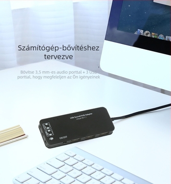 USB 2.0 hub beépített audio 2.0 és 7.1 hangkártya