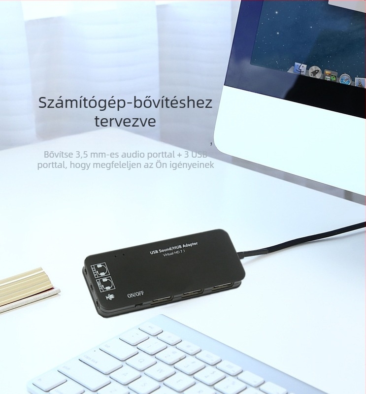 USB 2.0 hub beépített audio 2.0 és 7.1 hangkártya