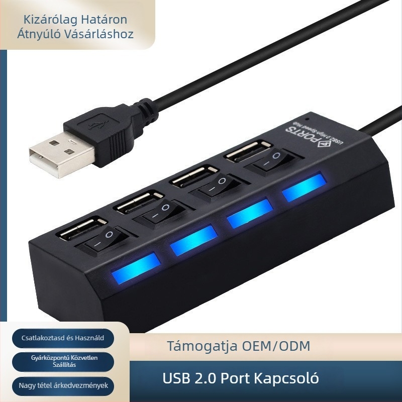 USB 4-portos hub 2.0 kapcsolóval, modell JDL-A81, 480 Mbps, 1–4 osztó