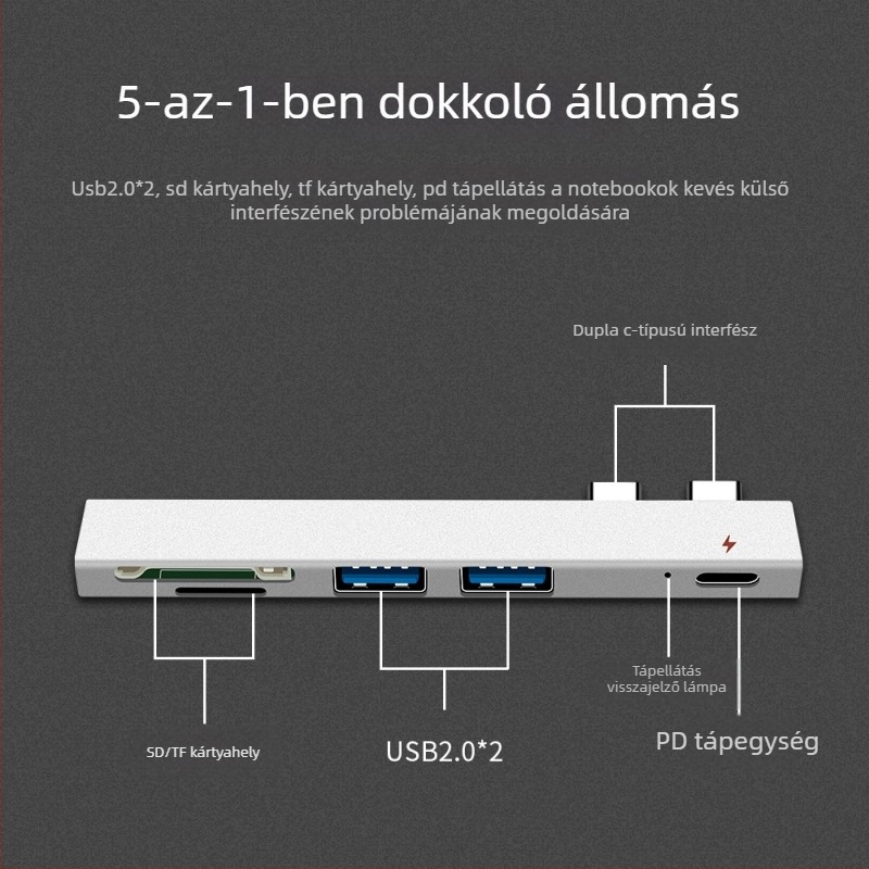 MacBook Air Pro dokkolóállomás kártyaolvasóval, kettős USB-C hub és PD töltés