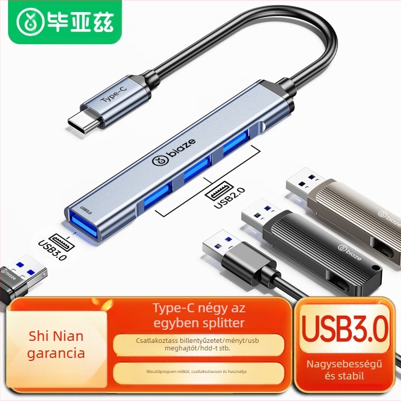 Type-C USB 3.0 hub 4 porttal, modell Hub69-4 ports, külső tápegységgel, kábel hossza legfeljebb 1,8 m