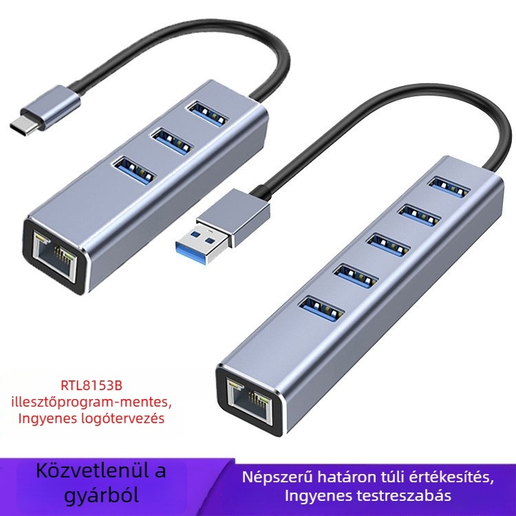 USB-C négy‑az‑egy HUB bővítő Gigabit hálózathoz, USB 3.0 hálózati adapter és kábelosztó
