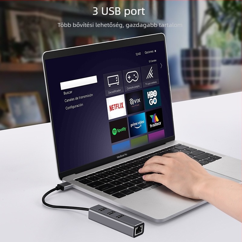 USB-C négy‑az‑egy HUB bővítő Gigabit hálózathoz, USB 3.0 hálózati adapter és kábelosztó