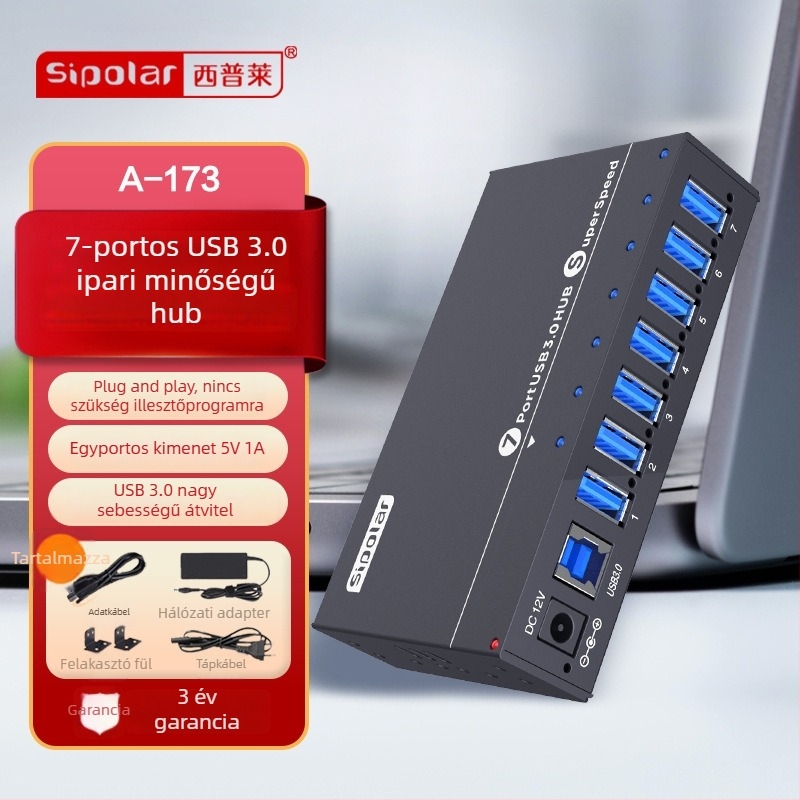 Sipolar A-173 7-portos USB 3.0 hub külső tápegységgel, laptophoz, billentyűzethez, egérhez és nyomtatóhoz