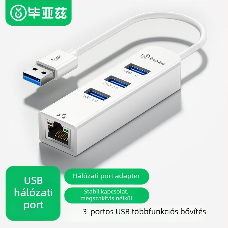 Biaz USB 3.0 hub RJ45 Ethernet porttal, 4-portos, 5 Gbps, külső tápellátás nélkül, modell ZH242