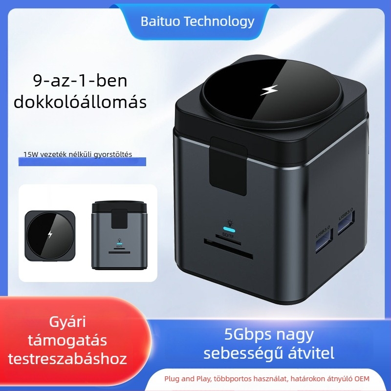 Type-C dokkolóállomás USB 15W mágneses vezeték nélküli töltővel, HUB telefonhoz és számítógéphez