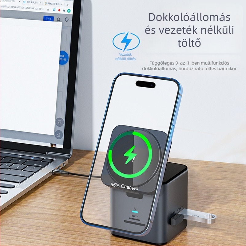 Type-C dokkolóállomás USB 15W mágneses vezeték nélküli töltővel, HUB telefonhoz és számítógéphez