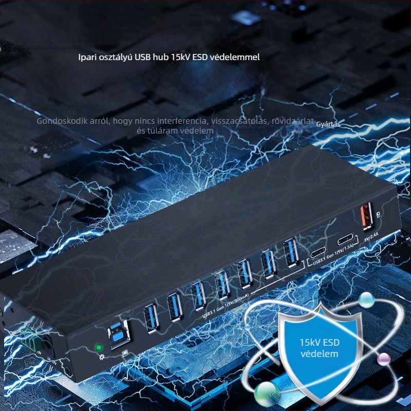 USB hub, ipari kivitel, antistatikus védelem, USB 3.0, számítógépről táplált, modell TH-3810