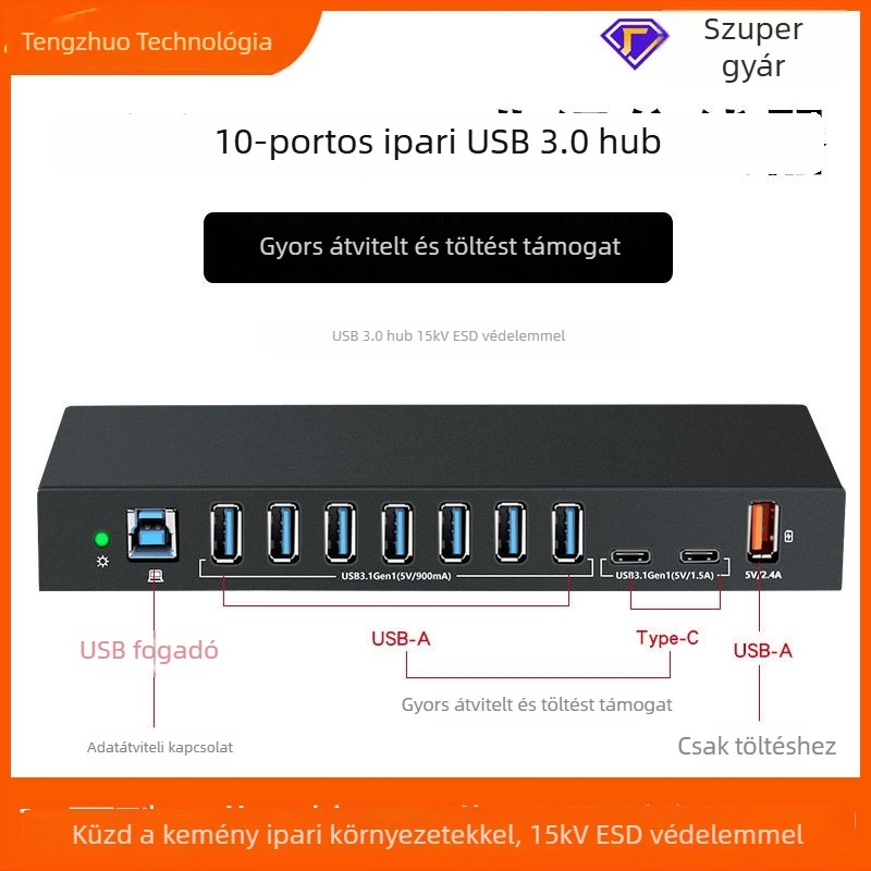 USB hub, ipari kivitel, antistatikus védelem, USB 3.0, számítógépről táplált, modell TH-3810
