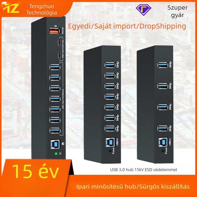 USB hub, ipari kivitel, antistatikus védelem, USB 3.0, számítógépről táplált, modell TH-3810