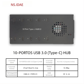 10-portos USB 3.0 hub Type-C-csatlakozóval, táplált, 5 Gbps, 1,5 m kábel