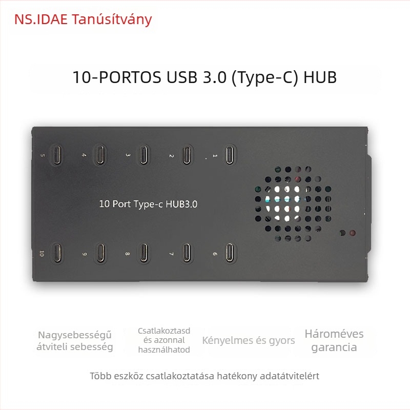 10-portos USB 3.0 hub Type-C-csatlakozóval, táplált, 5 Gbps, 1,5 m kábel