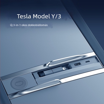 Tesla Model 3/Y dokkolóállomás vezeték nélküli töltőadapterrel (T12), USB 3.0, 80 cm kábel, külső tápegység, 4 port