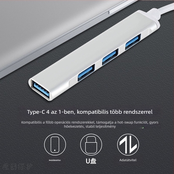 USB-C hub Huawei laptopokhoz, USB 3.0, 1–4 porttal, külső tápegység, 15 cm kábel