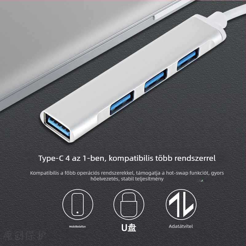 USB-C hub Huawei laptopokhoz, USB 3.0, 1–4 porttal, külső tápegység, 15 cm kábel